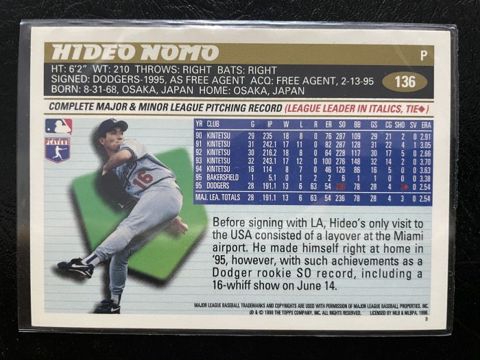 MLB 野茂英雄 Hideo Nomo 1996 TOPPS #136