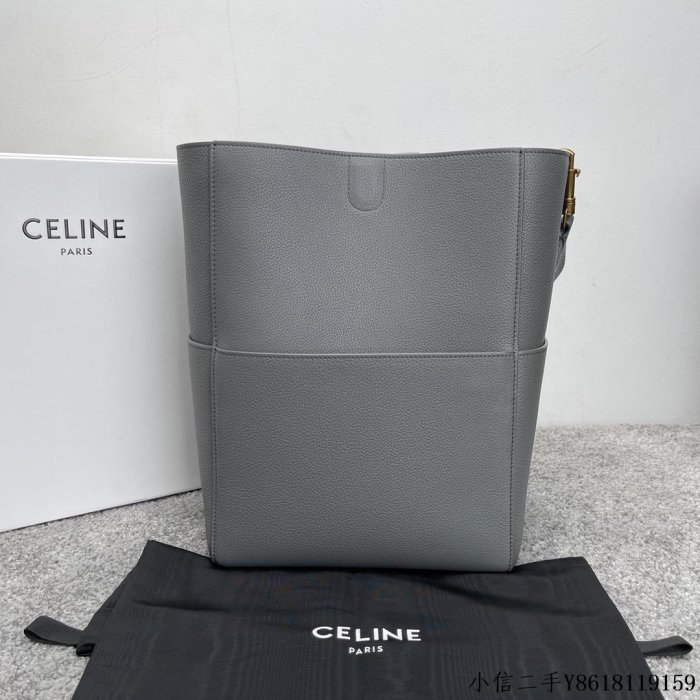 二手 CELINE SANGLE BUCKET 柔軟粒面牛皮革水桶包 189593灰藍