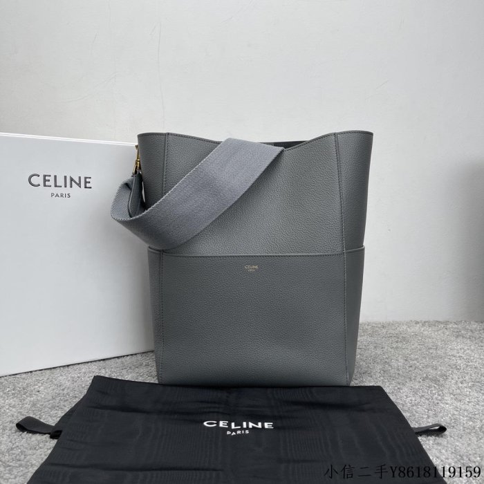 二手 CELINE SANGLE BUCKET 柔軟粒面牛皮革水桶包 189593灰藍