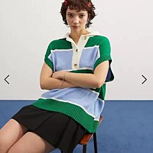 (嫻嫻屋) 英國ASOS-藍色綠色粗條紋白色POLO衫領短袖針織毛衣上衣AA24