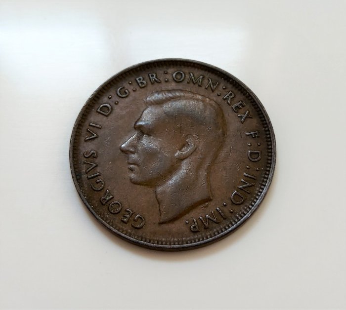 1943 年 Australian 澳洲 George VI 喬治六世 紅袋鼠 國徽 1 Penny 大型 古銅 錢幣