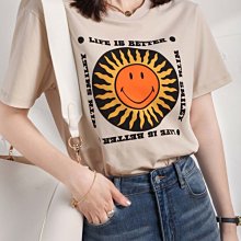 歐單 新款 溫柔米色系 復古減齡太陽笑臉字母印花 高支純棉圓領短袖T恤 (U1274)