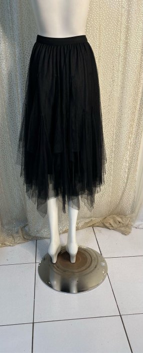 Y136精品服飾腰鬆緊黑色不規則長度網紗裙