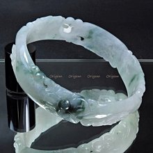 珍珠林~寬板百花黛翠雕刻美鐲~A貨天然冰種翡翠(內徑66.5MM, 手圍22號)#039