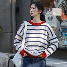 ＳｅｙｅＳ   日韓系個性紅藍配色滾邊條紋針織毛衣