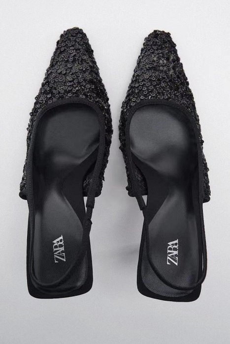 ZA2023夏季新款女鞋 黑色珠片飾 鏤空露跟法式氣質高跟尖頭百搭涼