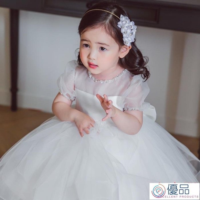 優品 Original兒童禮服2022新款女童表演服白色蕾絲週歲禮服寶寶生日兒童公主裙