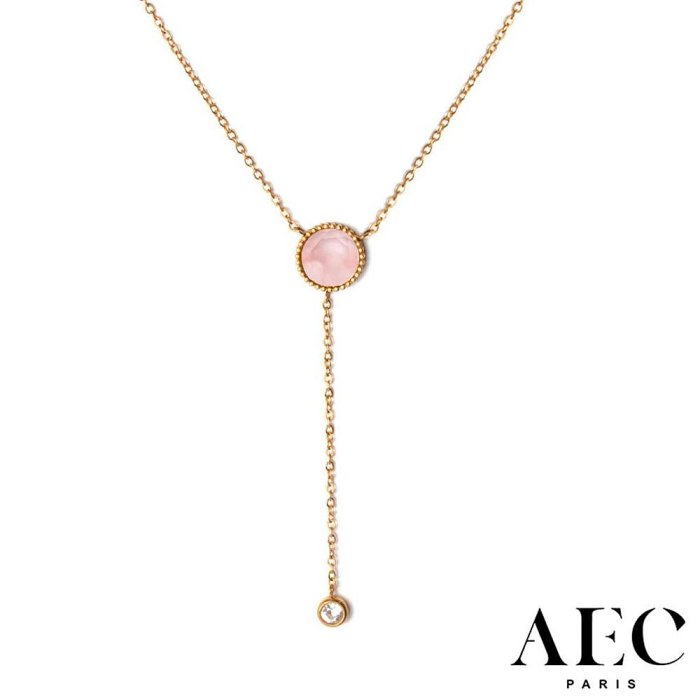 AEC PARIS 巴黎品牌 白鑽粉水晶項鍊 優雅金色Y字鍊 CHAIN NECKLACE SUNNA