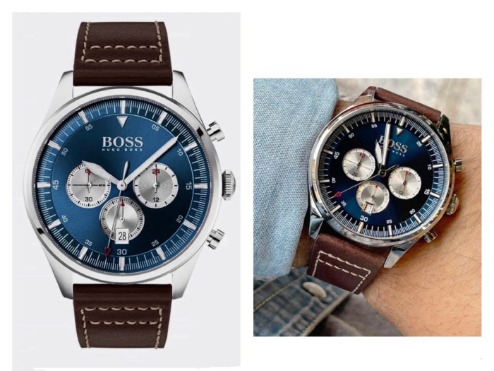 HUGO BOSS Pioneer 藍色錶盤 棕色皮革錶帶 石英 三眼計時 男士手錶 1513709