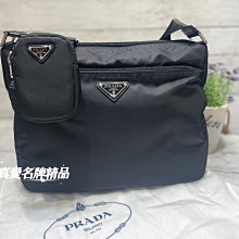 《真愛名牌精品》PRADA 1BC421 黑尼龍銀三角 雙拉鍊斜背包(附小包) *全新*代購