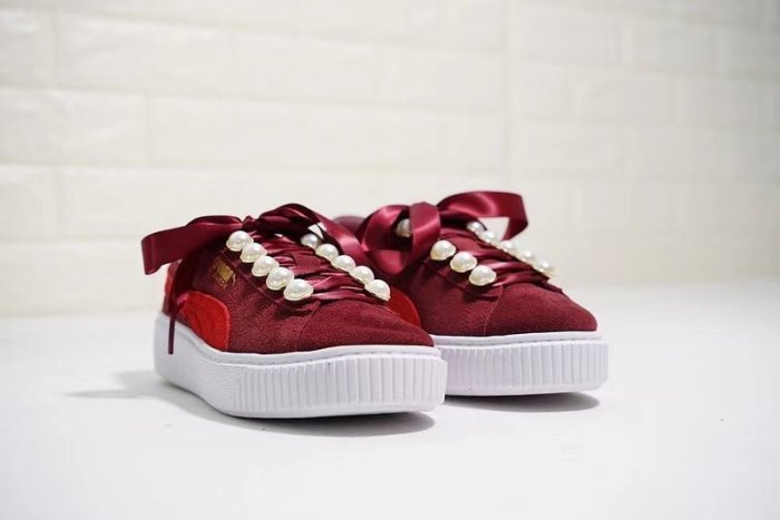 Puma basket platform metallic珍珠絲帶厚底松糕休閑板鞋“酒紅珍珠”366688-03