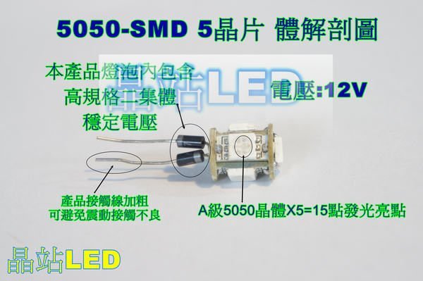 《晶站》A級 T10 5晶 5050 SMD 插泡燈、炸彈燈 最高規雙二極 T10-5晶片  暖白光   展示燈