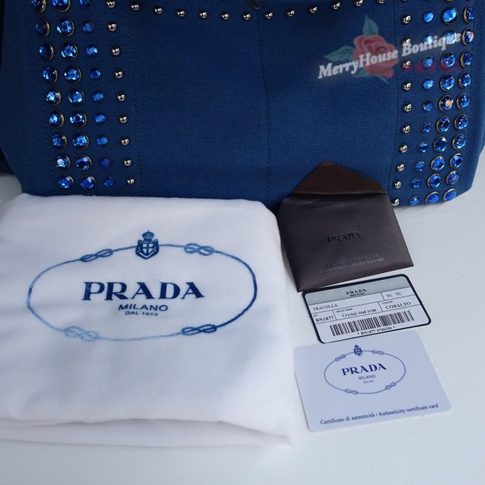 美麗堡outlet精品 PRADA BN1877帆布手提包 crystal水晶鑲嵌 手提/斜背 二用 (中-藍)【現貨】