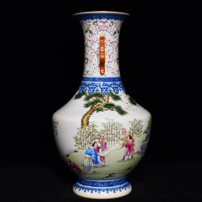 清乾隆粉彩竹林七賢紋雙耳瓶，高36.5cm直徑21cm，編號35 瓷器 古瓷 古瓷器