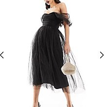 (嫻嫻屋) 英國ASOS-Lace & Beads黑色薄紗一字甜心領垂墜袖中長裙洋裝禮服EL23