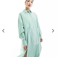 (嫻嫻屋) 英國ASOS-綠色條紋設計襯衫領長袖長裙洋裝AD24