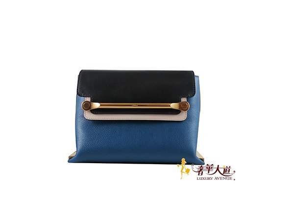 已售出＊奢華大道國際精品＊【CL063】Chloe 黑拼藍 Clare 鍊帶肩背包01155765-9