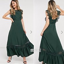 (嫻嫻屋) 英國ASOS-Object優雅時尚名媛綠色鍛方領扇形袖U背露美背長裙洋裝禮服 現貨UK8