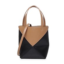 【LOEWE 羅威】Mini Puzzle Fold Tote 迷你 亮面牛皮 折疊 托特包 拼色 暖沙色 黑色