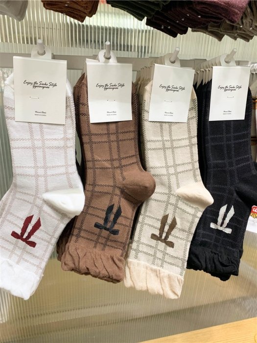 GGORANGNAE韓國東大門方格紋格子蝴蝶結褶皺邊甜美可愛中筒女棉襪