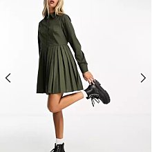 (嫻嫻屋) 英國ASOS-Miss Selfridge 綠色襯衫領長袖百褶裙洋裝EI23