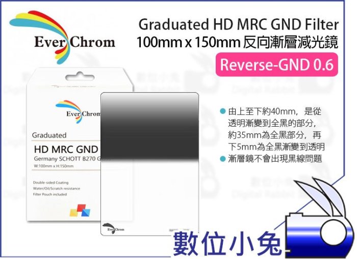 數位小兔【EverChrom R-GND 0.6 方形 反向漸層減光鏡】贈磁鐵框 送完為止 ND4 100x150mm