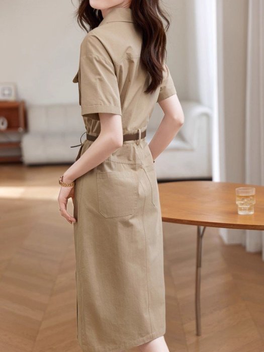歐美 新款 簡約幹練工裝風洋裝 中性帥氣襯衫裙 短袖連身裙 大碼 (U1628)