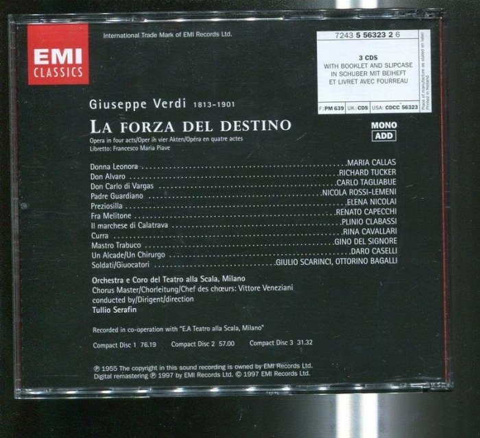 卡拉絲 Callas 威爾第 Verdi 命運之力 La Forza del Destino 3CD EMI