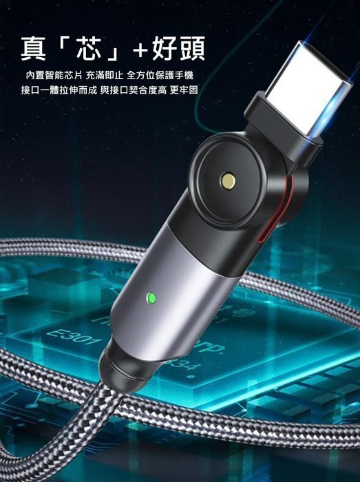 旋轉快充編織線 快充 充電線 Essager LED指示燈 USB Type-C 180度旋轉快充編織線(1.2M)