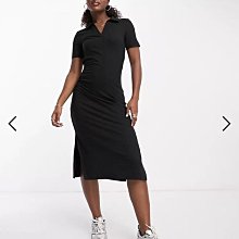 (嫻嫻屋) 英國ASOS-Pieces 黑色POLO衫領短袖中長裙洋裝EC23