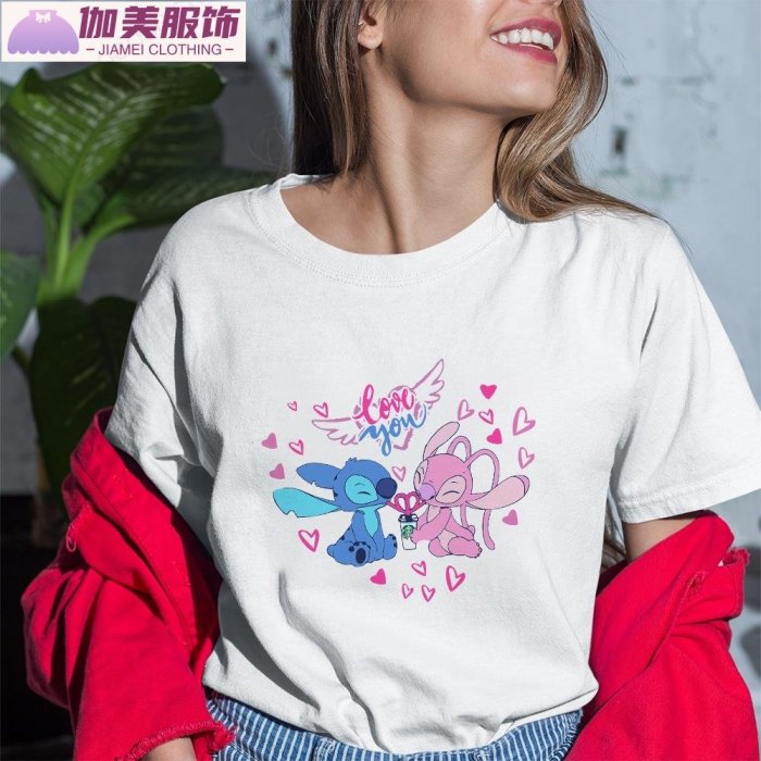 女士 T恤女 夏季新品 時尚卡通 Lilo amp;大尺碼女裝圖案黑色白色 T恤女生短袖舒適趨勢大碼女生短袖T恤-伽美服飾