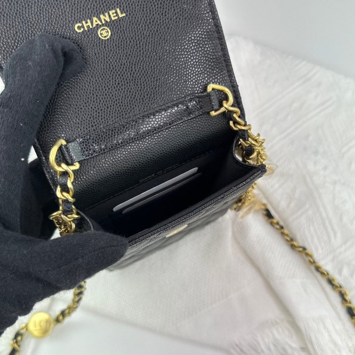 【翰貝格名牌館】全新真品 Chanel 黑色 荔枝紋 牛皮 金CC 皮穿鏈 斜背 直式 金幣 手機包 AP3112