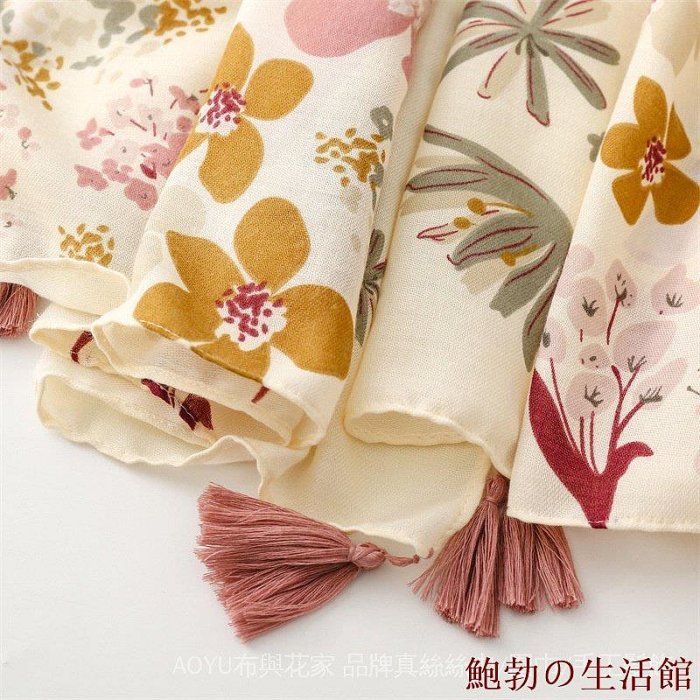 圍巾棉麻手感加厚緞紋素雅清新米色花朵流蘇旅遊時尚披肩絲巾