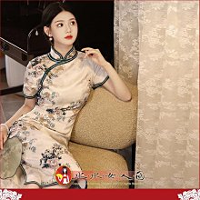 M-4XL加大 印花短袖中長旗袍 復古中國風 經典改良式 時尚修身側八扣超顯瘦日常連身裙洋裝～古韻傾城。綠情。水水女人國