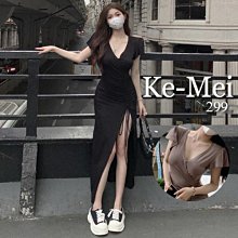 克妹Ke-Mei【ZT84562】KOREA名媛渡假風深V皺摺抽繩開叉長洋裝