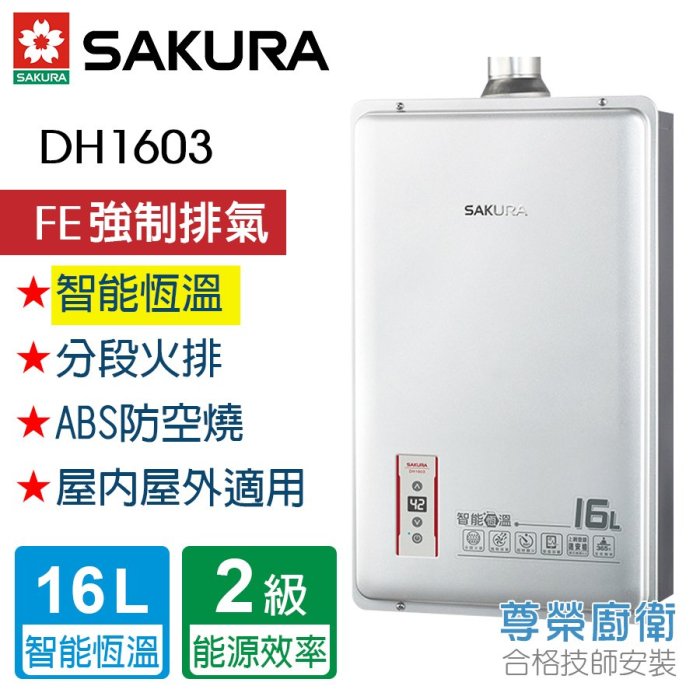 【尊榮館】全省安裝 來電享網路最低價㊣櫻花 DH1603，16L〈屋內屋外適用〉智能恆溫熱水器  FE強制排氣熱水器