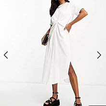 (嫻嫻屋) 英國ASOS-River Island 白色圓領短袖扭姞腰設計中長裙洋裝ED23