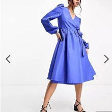 (嫻嫻屋) 英國ASOS-Monki優雅時尚藍色交叉V領長袖中長裙洋裝ED23