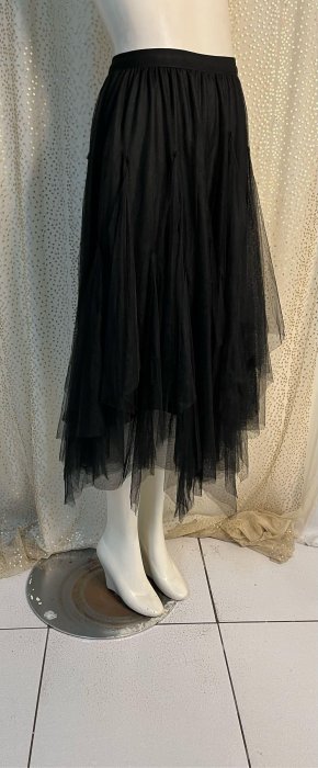 Y136精品服飾腰鬆緊黑色不規則長度網紗裙