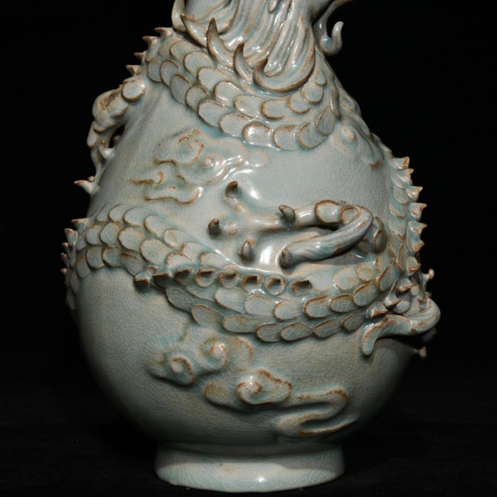 汝窯雕刻龍鳳紋玉壺春瓶，高32.5cm直徑17cm，編號14 瓷器 古瓷 古瓷器