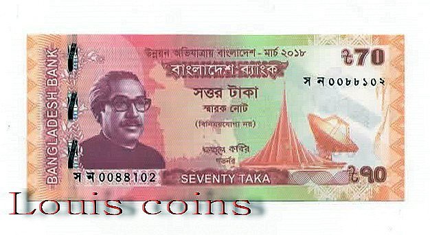 【Louis Coins】B013‧Bangladesh‧2018孟加拉‧70 Taka紀念鈔(1247)