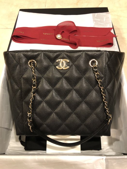 Chanel tote bag 黑色荔枝牛皮 淡金釦 拖特包 購物包 台灣專櫃