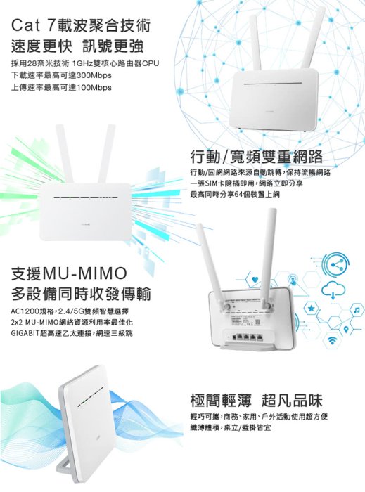 【附發票送】華為 B535-232 333 836 4G LTE SIM卡雙Wi-Fi頻段2.4G+5G分享器B2CA無線網卡路由器