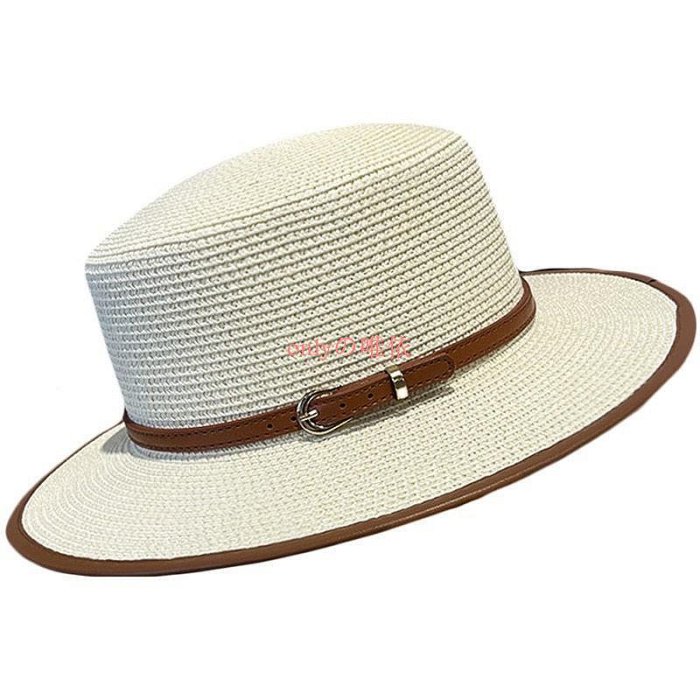 網紅英倫風平頂時尚皮帶裝飾草帽女春夏季出遊草編遮陽帽太陽帽子