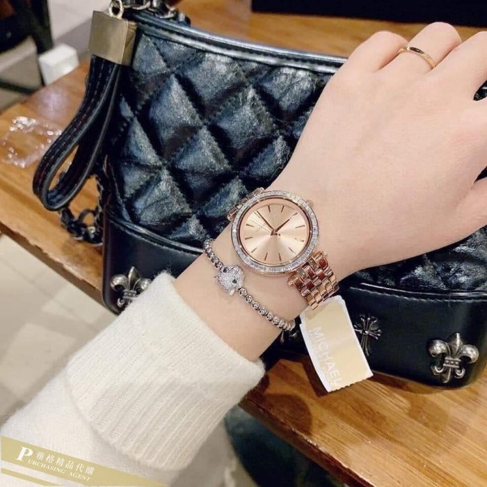 雅格時尚精品代購 Michael Kors腕錶  MK3366 圓盤 條形刻度 鑲鑽簡約 精鋼石英手錶  美國代購