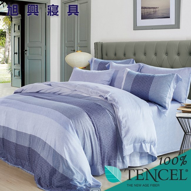 【旭興寢具】TENCEL100%天絲萊賽爾纖維 雙人5x6.2尺 薄床包舖棉兩用被四件式組-麻趣布洛-藍