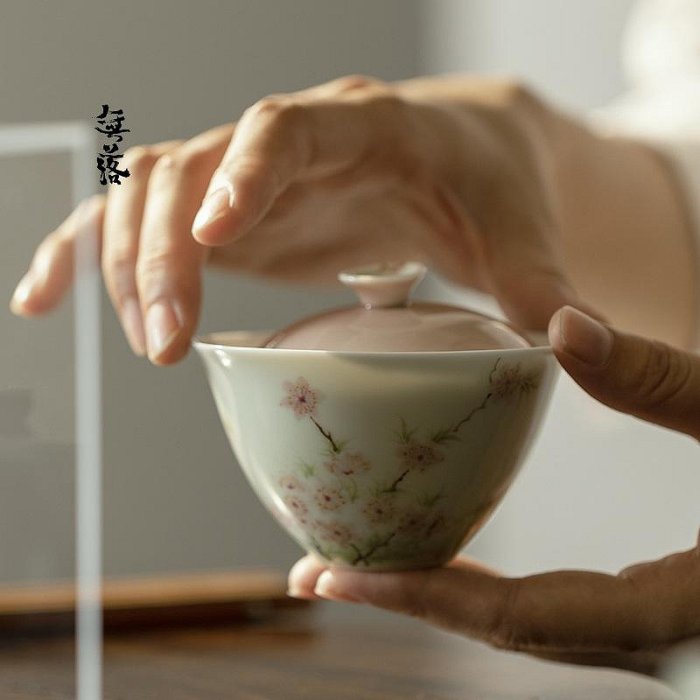 現貨 茶道 茶杯 無落桃紅手繪艷陽綻放蓋碗釉下彩手工陶瓷泡茶碗茶杯單個功夫茶具