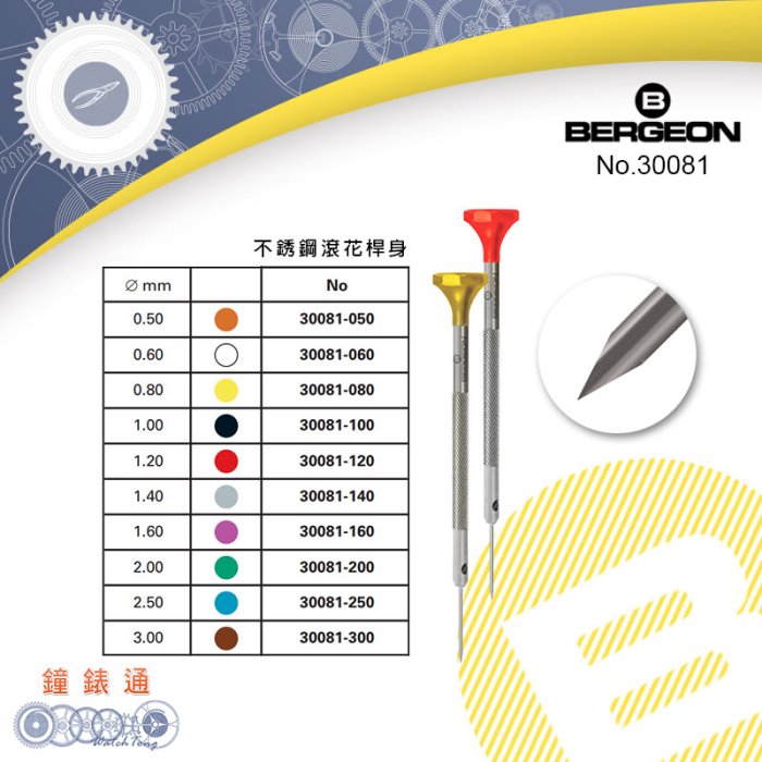 【鐘錶通】B30081《瑞士BERGEON》彩頭不鏽鋼一字螺絲起子 0.5-1.0mm / 單支售├鐘錶眼鏡/手錶修錶┤