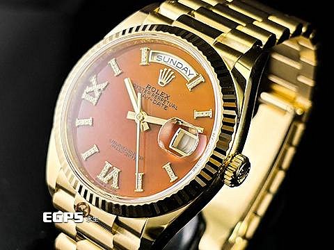 【永生流當品】2023單 ROLEX 勞力士 DAYDATE 128238 鑲鑽紅玉髓面盤 原鑲鑽石時標及羅馬數字時標 KRG8162