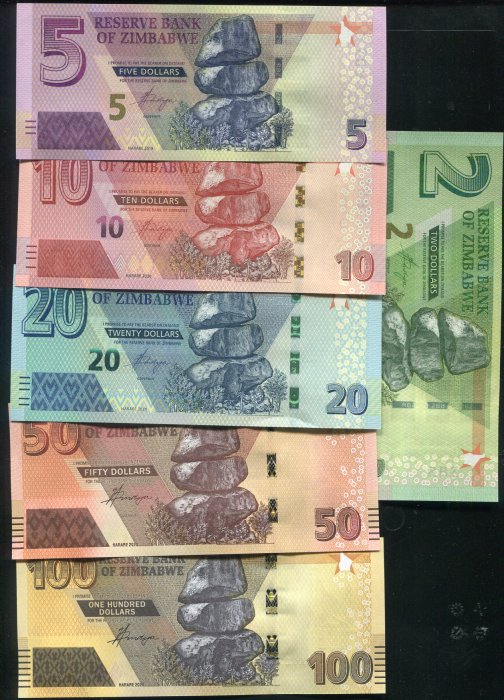 【套鈔】Zimbabwe 辛巴威新版紙鈔一套6枚，(2019-20) $2-$100  ， 品相全新UNC